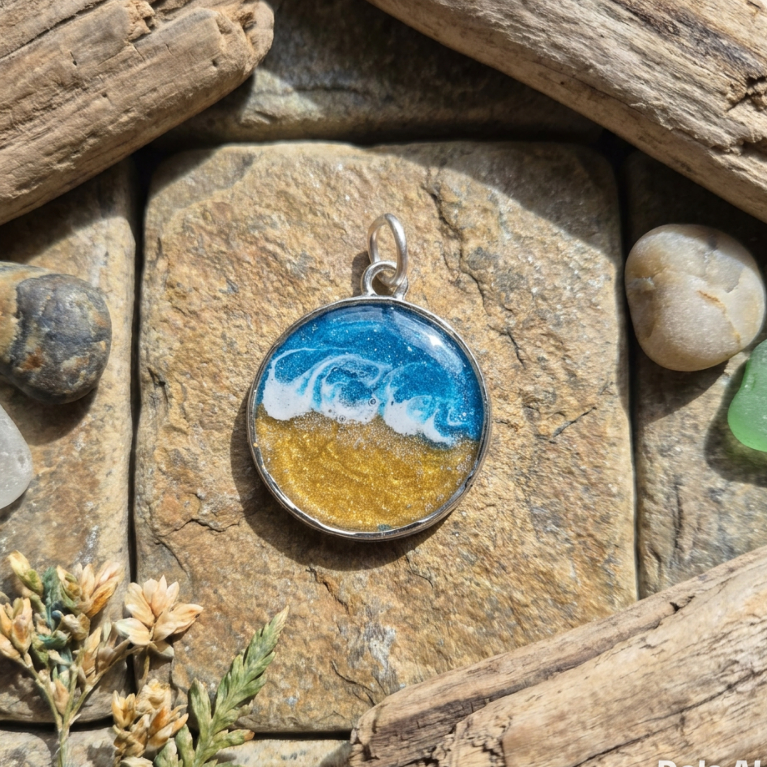 Round pendant with ocean design on a stone surface
