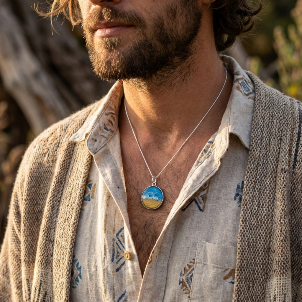 Man wearing a necklace with a pendant outdoors