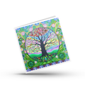 Colourful greeting card with a tree of Life design, rainbow Sky and paisley mandala design on a white background by Mark Betson Artist
