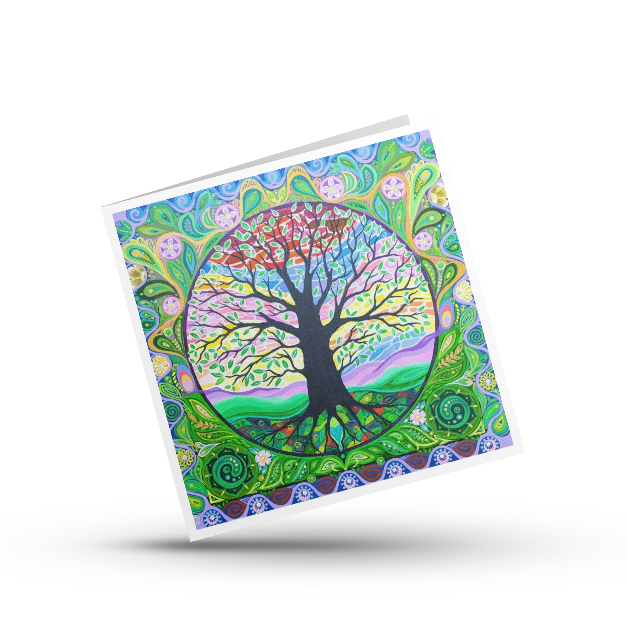 Colourful greeting card with a tree of Life design, rainbow Sky and paisley mandala design on a white background by Mark Betson Artist