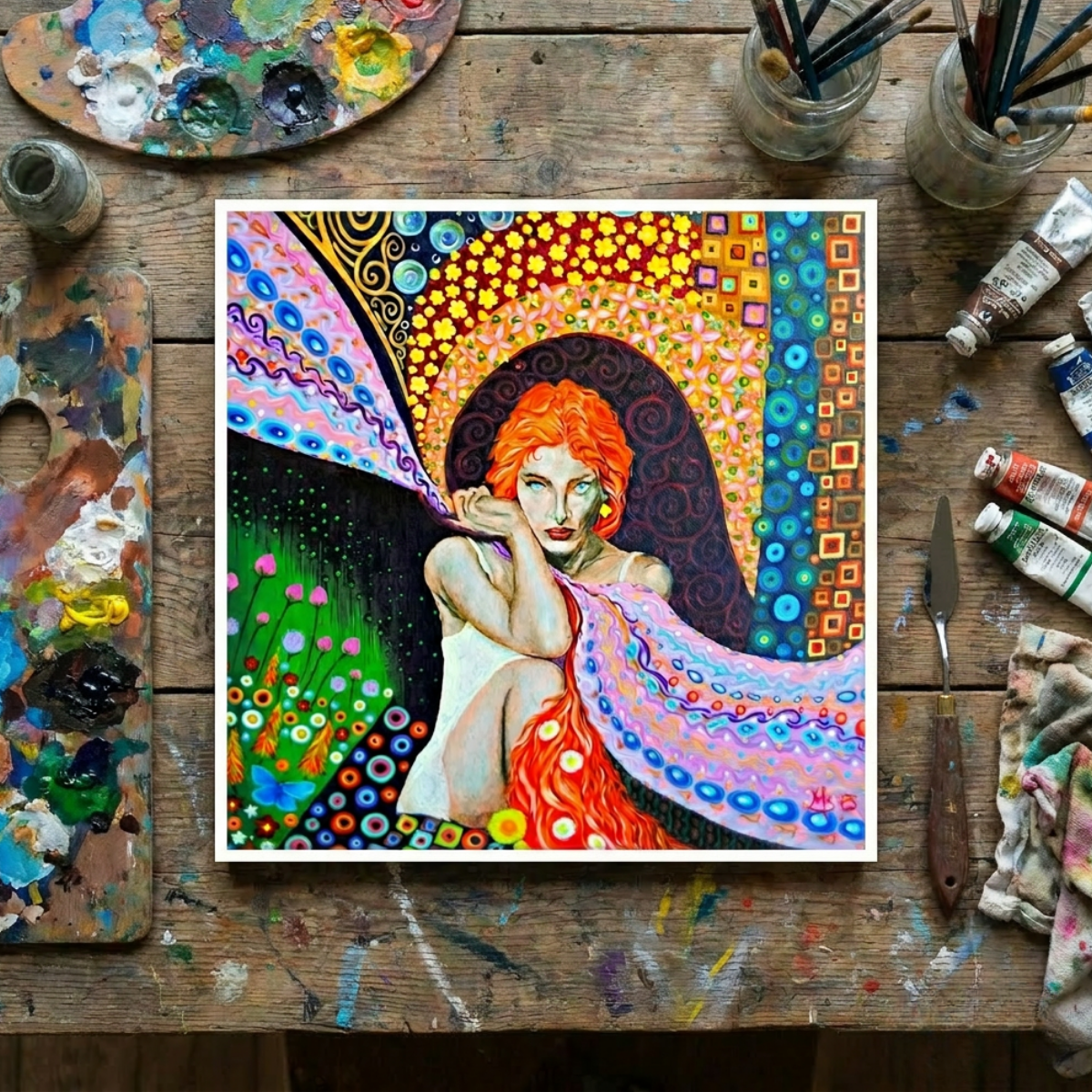 Colourful artwork of a woman with red hair on a wooden table with art supplies.