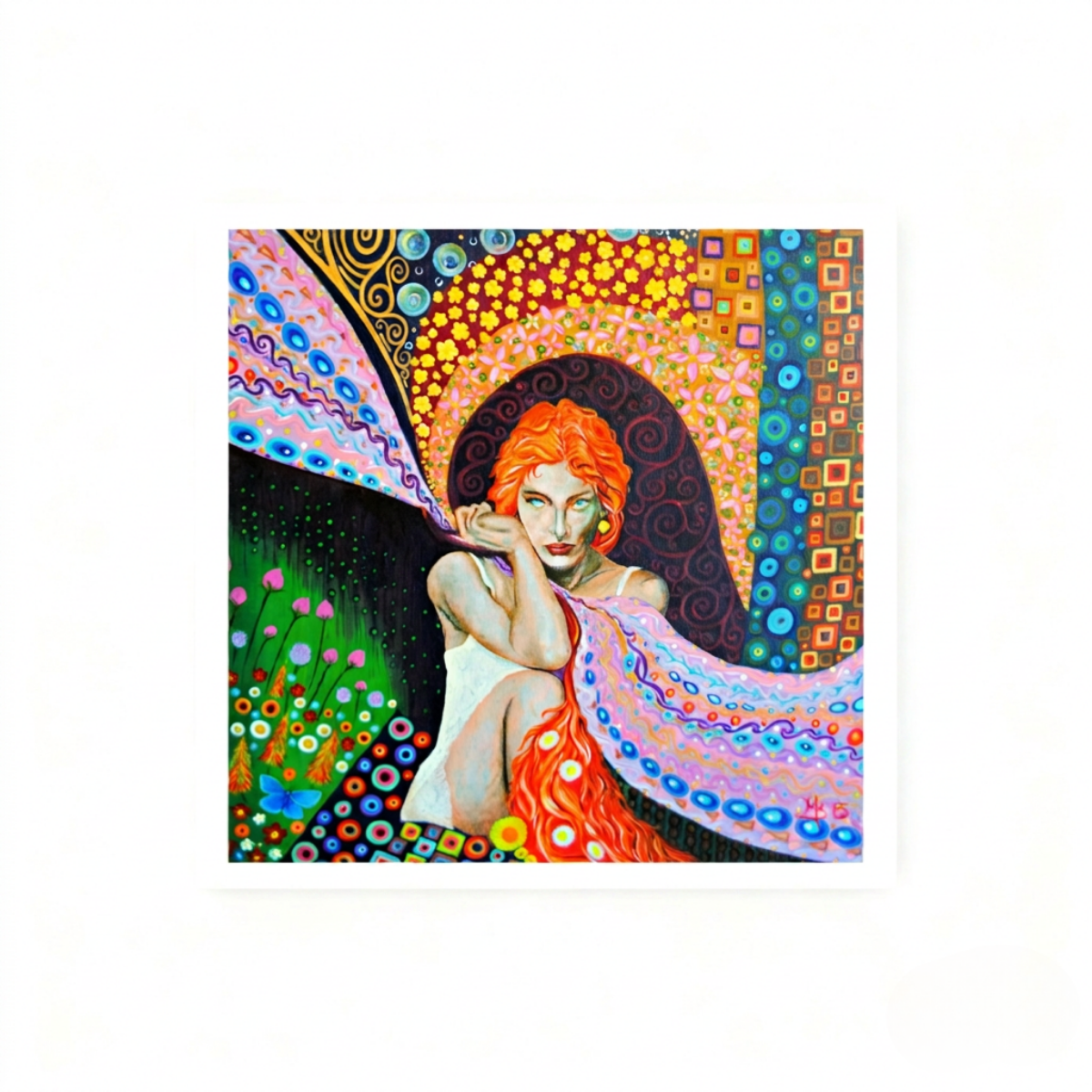 Colourful artwork of a woman with red hair and a colourful background