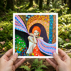 Colourful abstract artwork greeting card held in front of a forest background