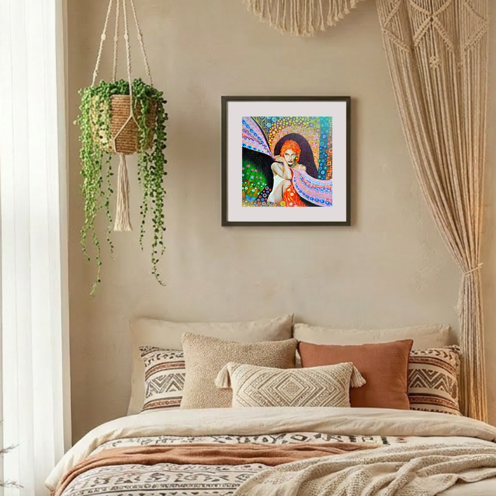 Decorative bedroom with a bed, pillows, and wall art.