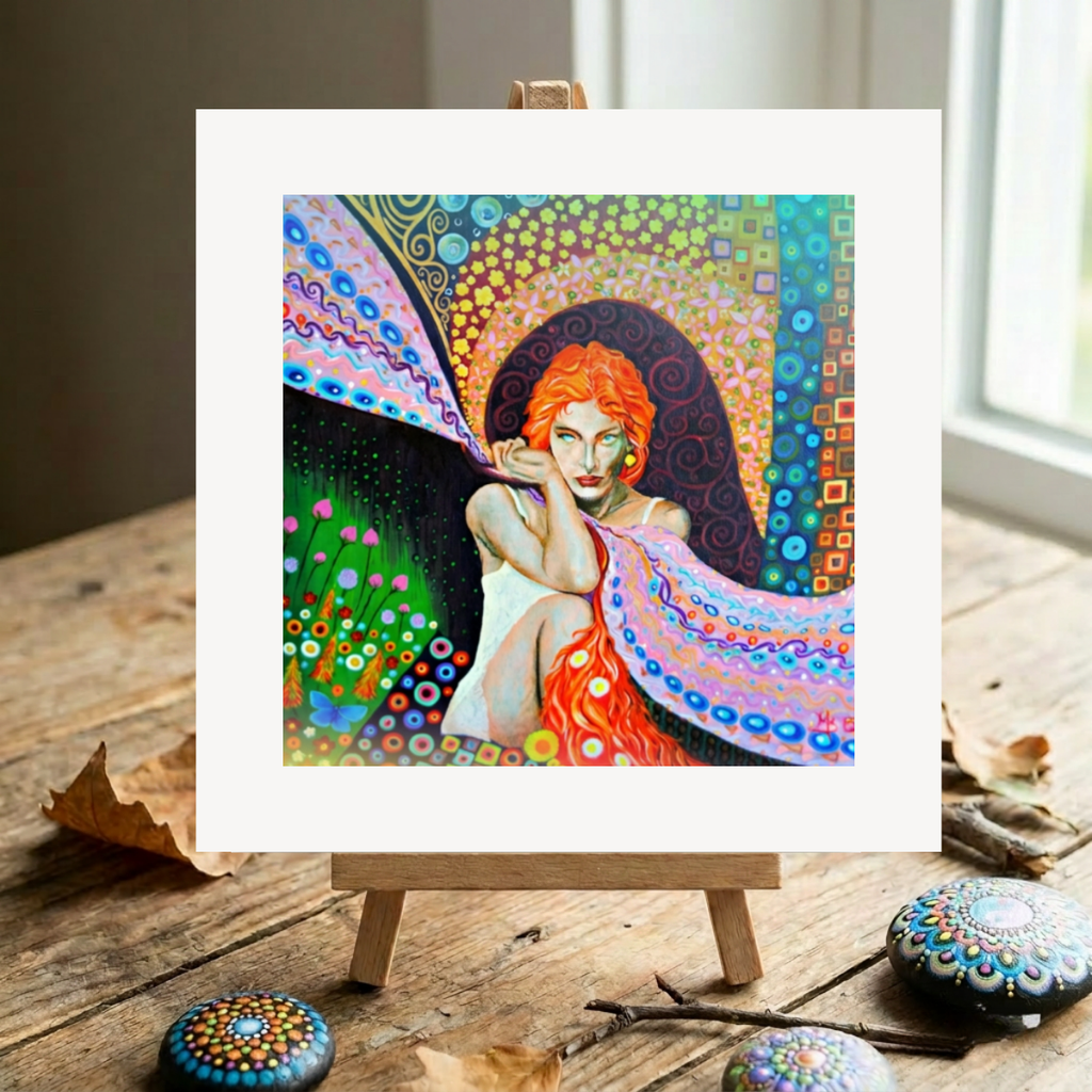 Red haired woman with intense stare, surrounded in floral patterns artwork on an easel