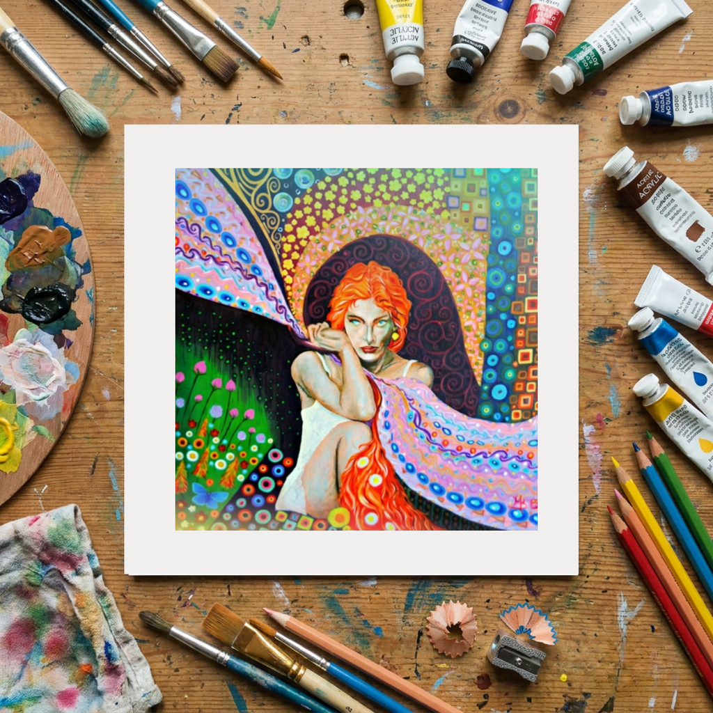 Colourful artwork of a woman with a vibrant background on a wooden table with art supplies.