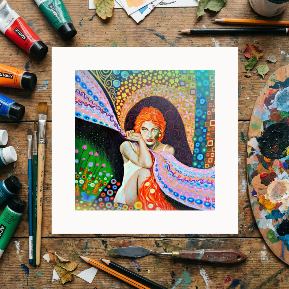 Colourful artwork of a woman with red hair on a wooden surface with art supplies.