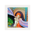 Colourful artwork of a woman with red hair and a vibrant background