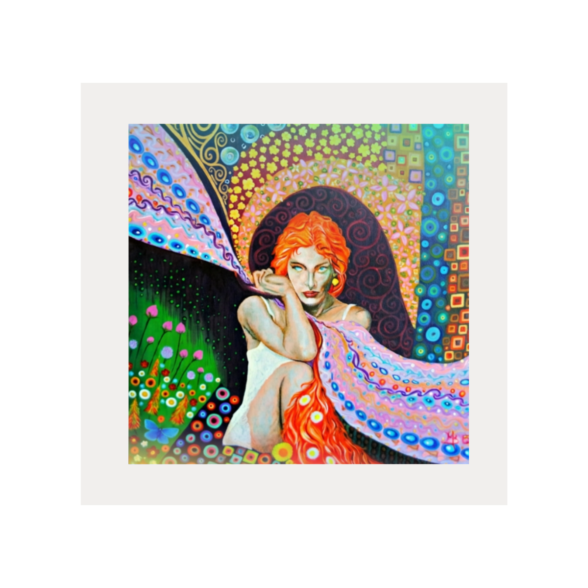 Colourful artwork of a woman with red hair and a vibrant background