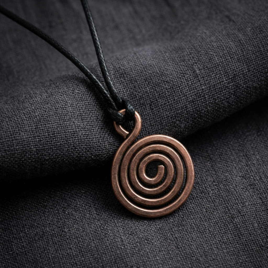 Bronzed copper spiral pendant on a black cord against a dark fabric background