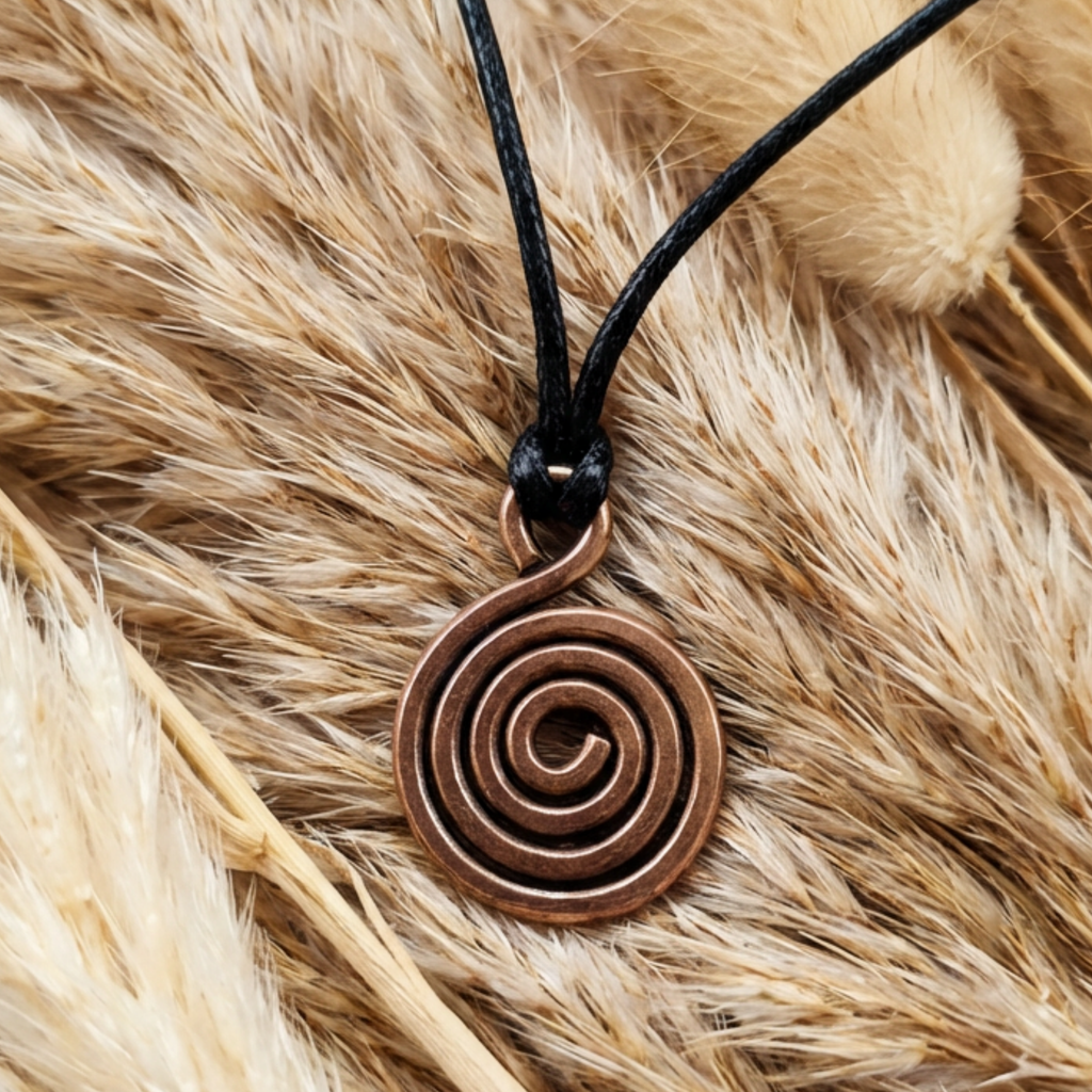 Copper spiral pendant necklace on a black cord against a fur background