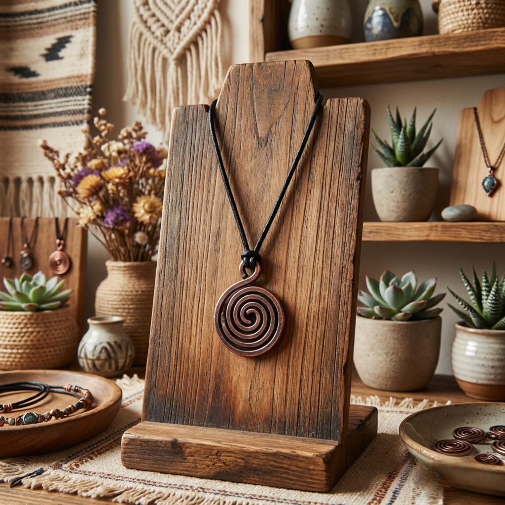 Wooden pendant on a stand with a bohemian decor background featuring plants and jewelry.