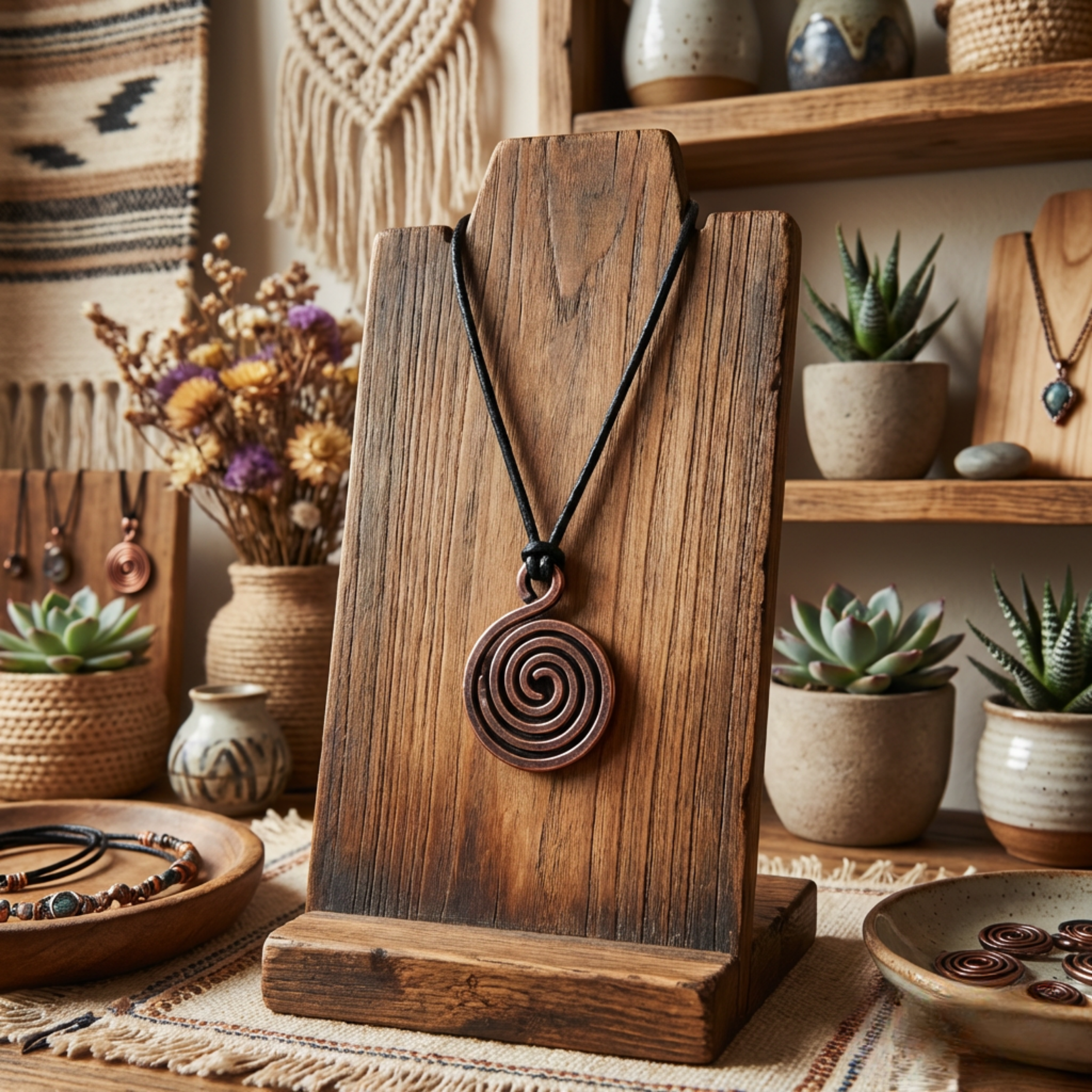 Wooden pendant on a stand with a bohemian decor background featuring plants and jewelry.