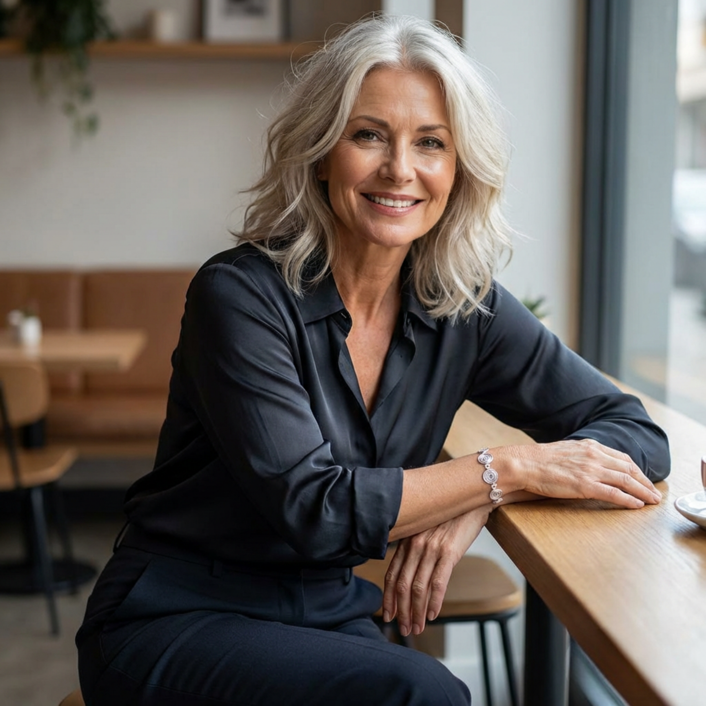 Woman sitting at a table in a cafe, smiling wearing a silver spiral bracelet