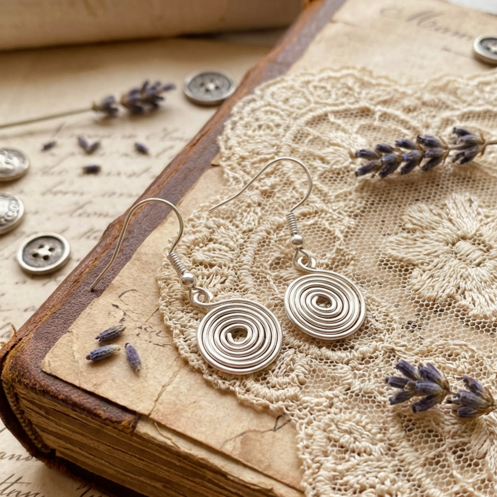 Silver earrings on an old book with lace and lavender flowers