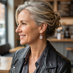 Woman with styled hair in a cafe setting wearing silver spiral earrings