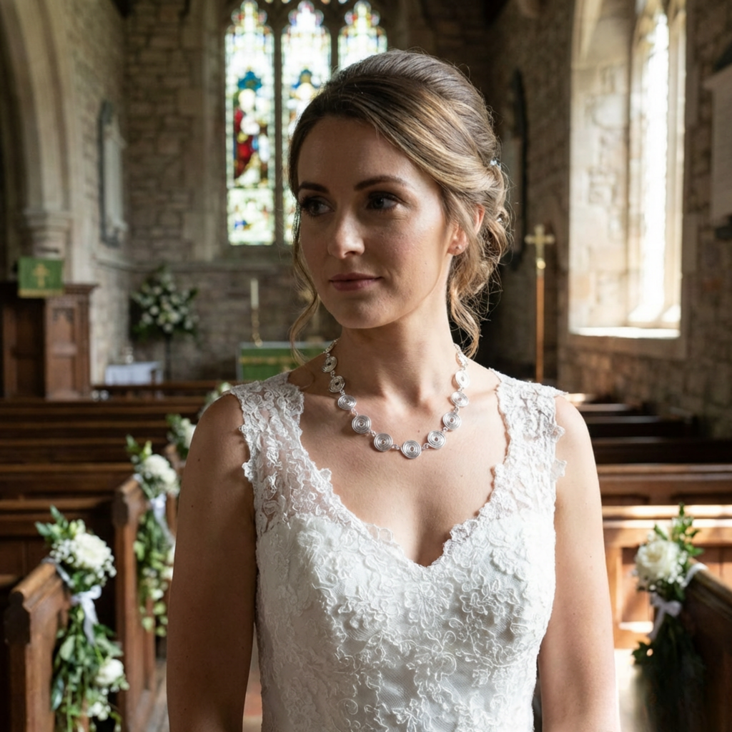 Woman in a white wedding dress standing in a church with stained glass windows. Wearing a silver spiral statement necklace
