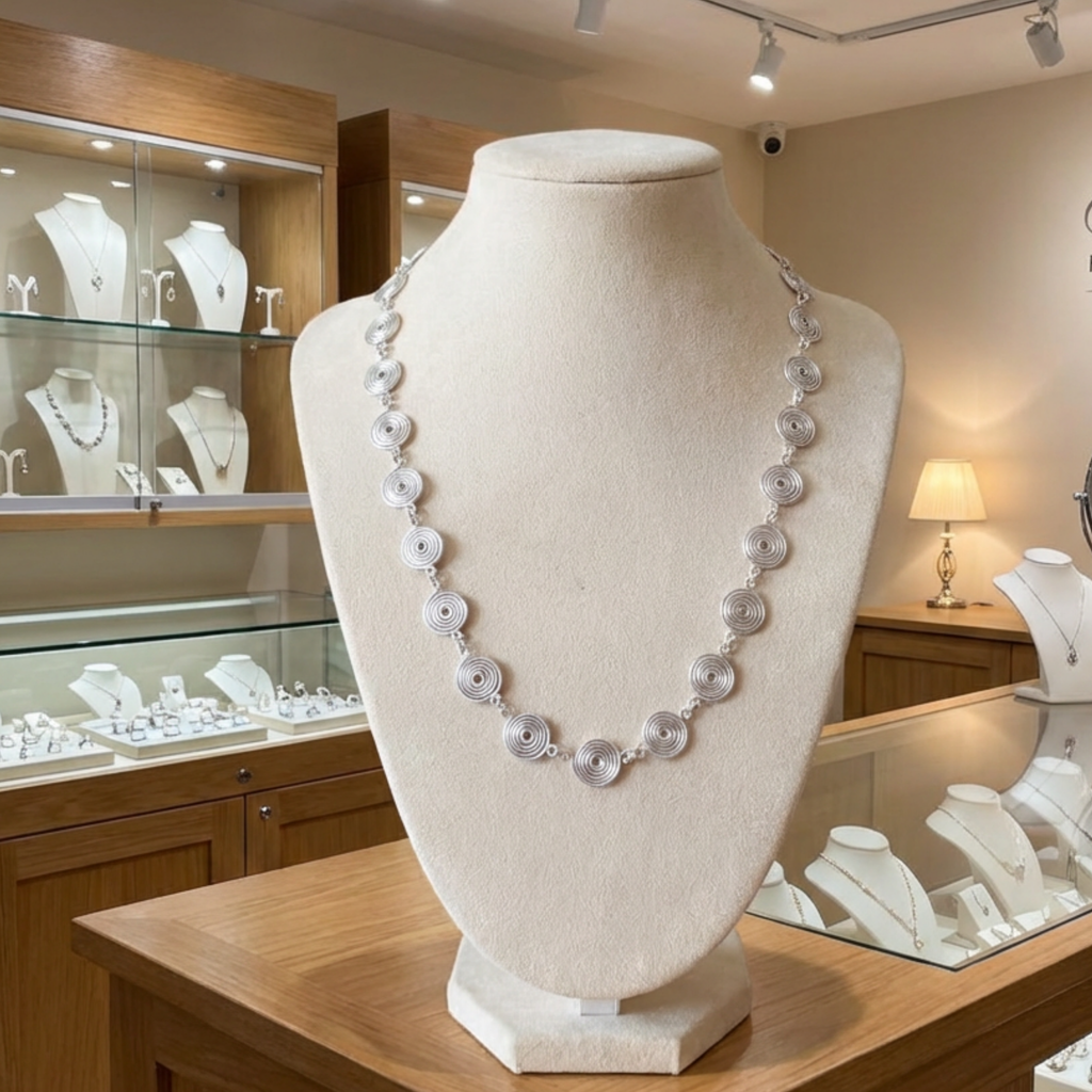 Silver spiral necklace on a mannequin bust in a jewellery store setting