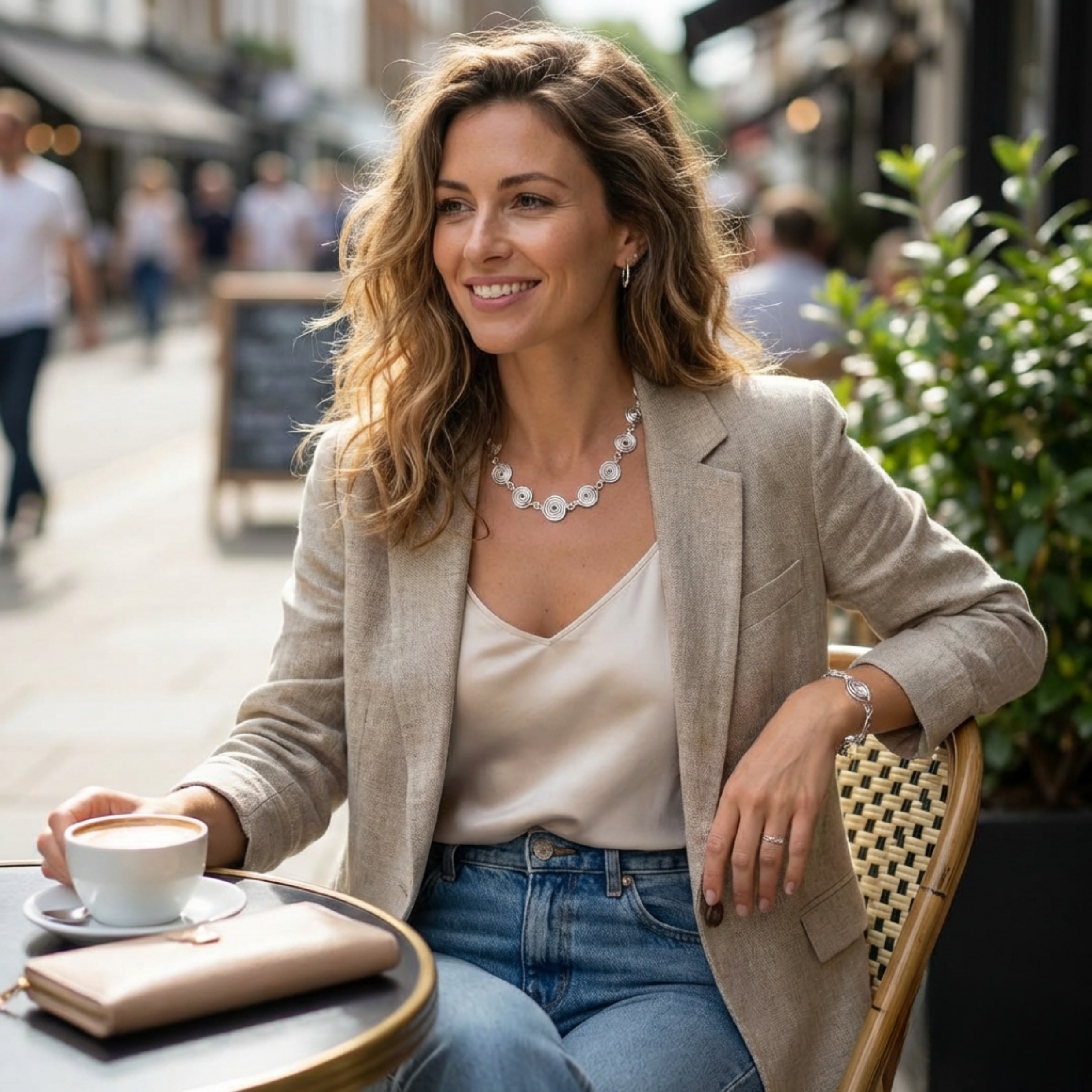 Woman sitting outdoors with a cup of coffee, wearing a beige blazer, blue jeans and a silver spiral necklace