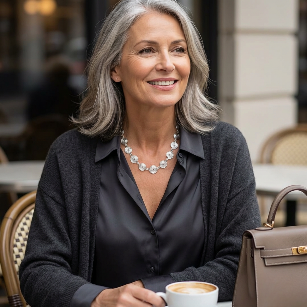 Woman sitting outdoors with a cup of coffee, wearing a grey cardigan and black shirt. And a closed silver spiral necklace.