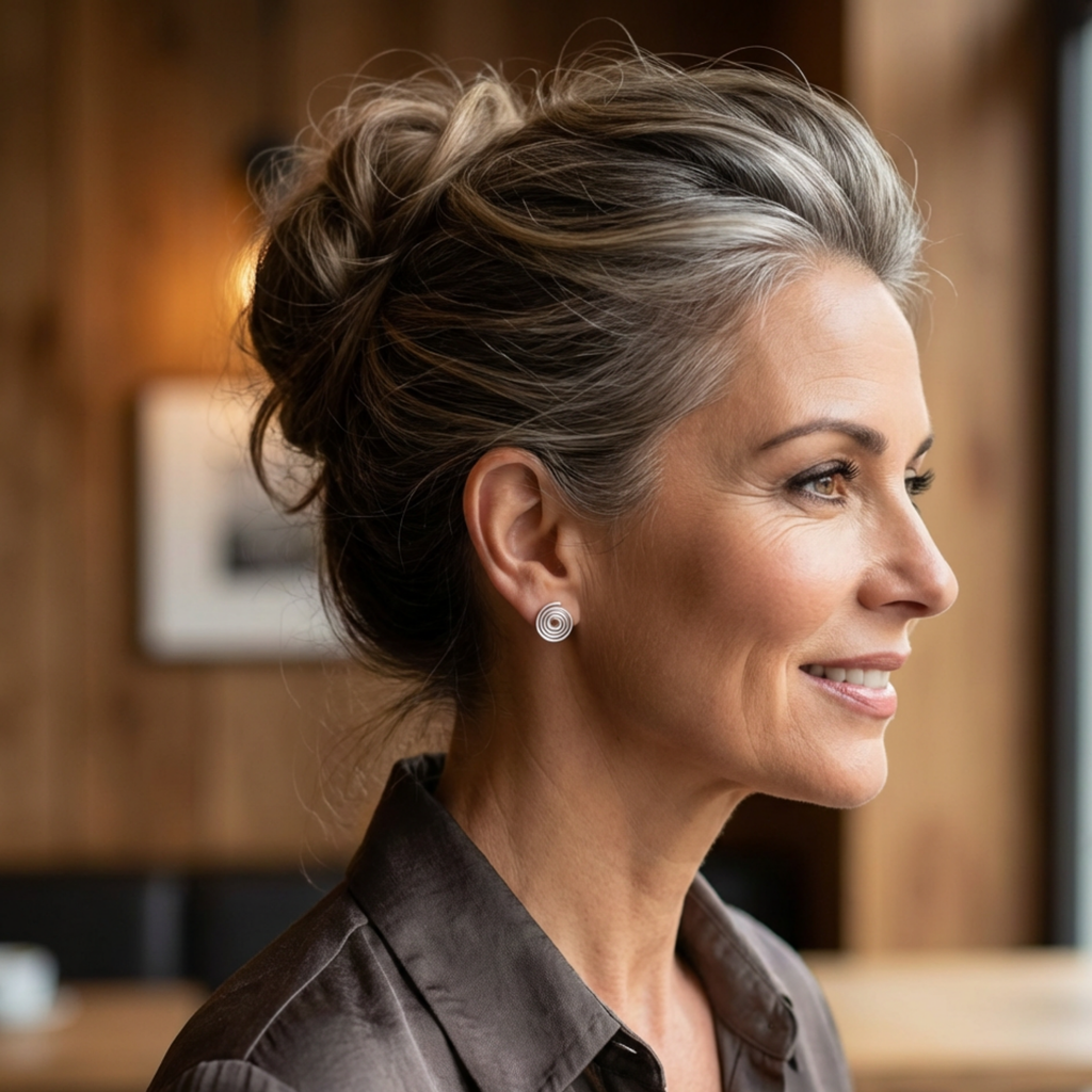 Woman with styled hair in an updo, wearing silver spiral stud earrings, in a blurred indoor setting.