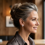 Woman with styled hair in an updo, wearing silver spiral stud earrings, in a blurred indoor setting.