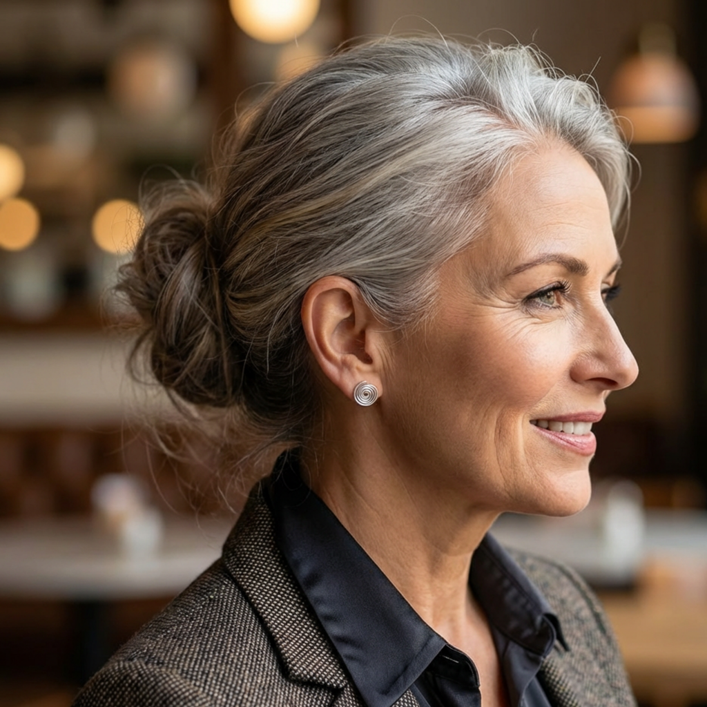 Woman with grey hair in a bun, wearing spiral stud earrings, in a blurred indoor setting.