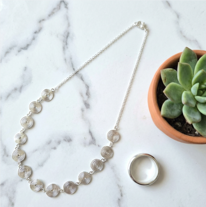 Silver necklace and ring on a marble surface with a potted succulent.