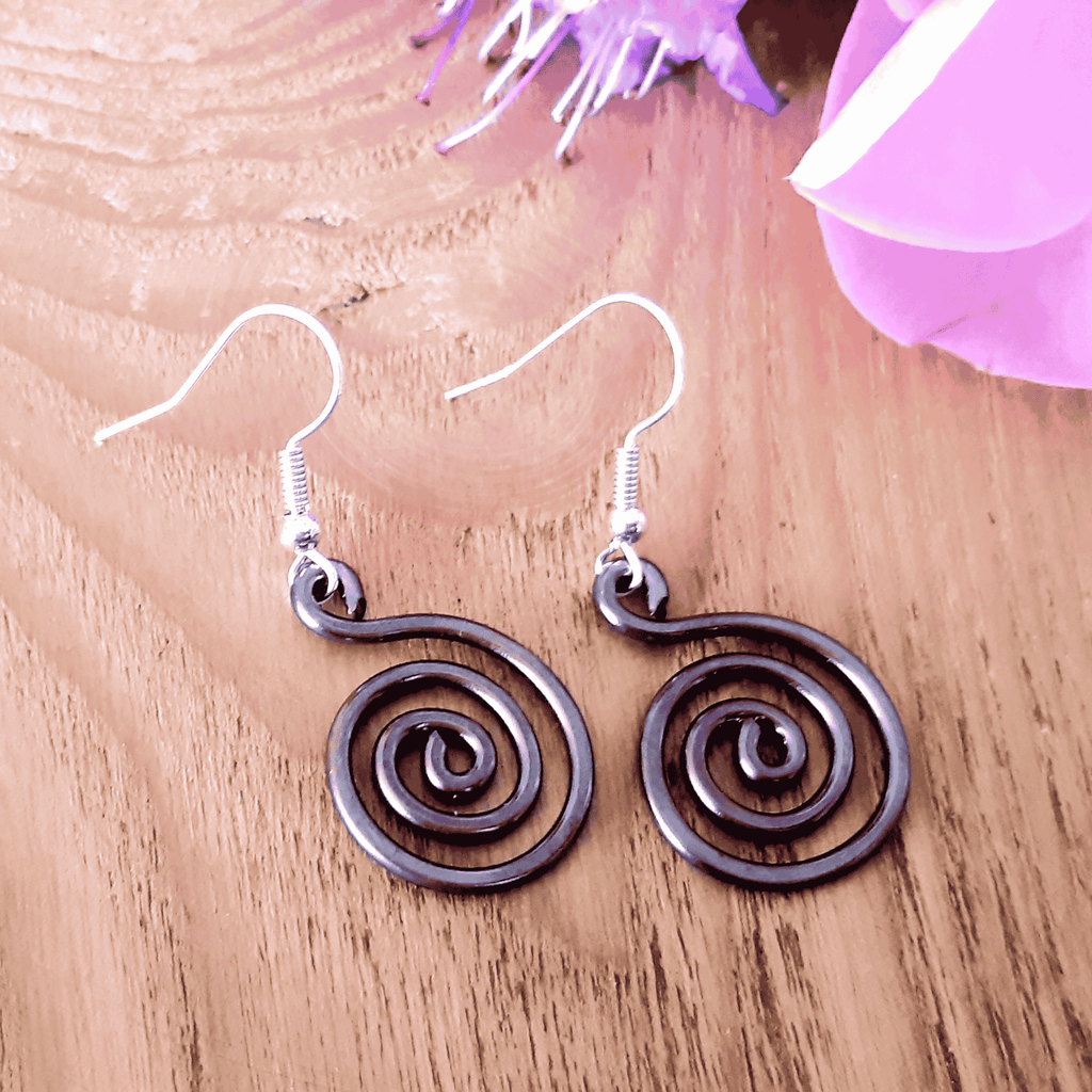 Open spiral copper earrings, full view, handmade boho drop earrings, gift for her UK