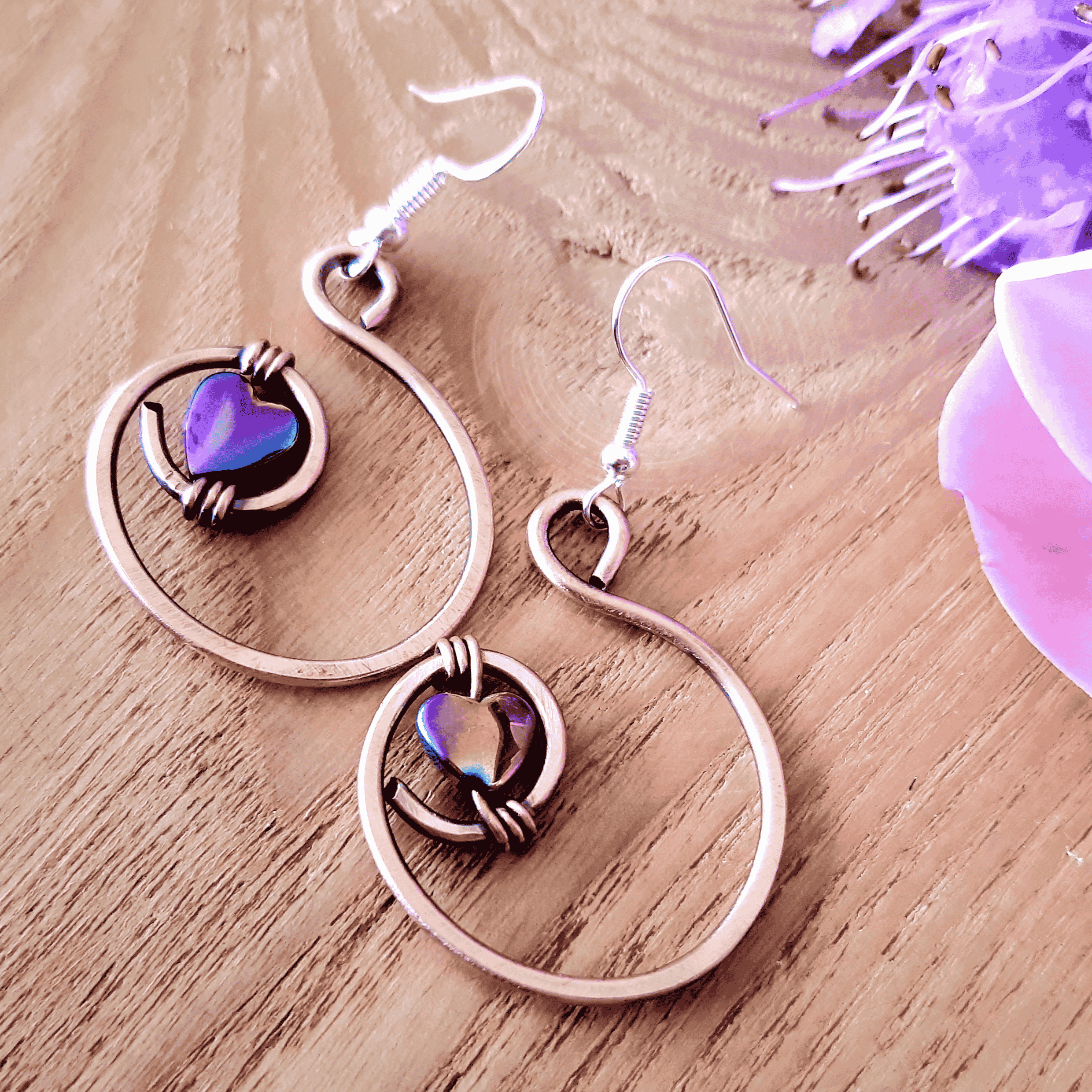 Rainbow hematite heart hoop copper earrings with lavender, handmade boho jewellery UK