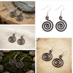 Open spiral copper earrings flat lay, handmade copper jewellery, gift for her UK