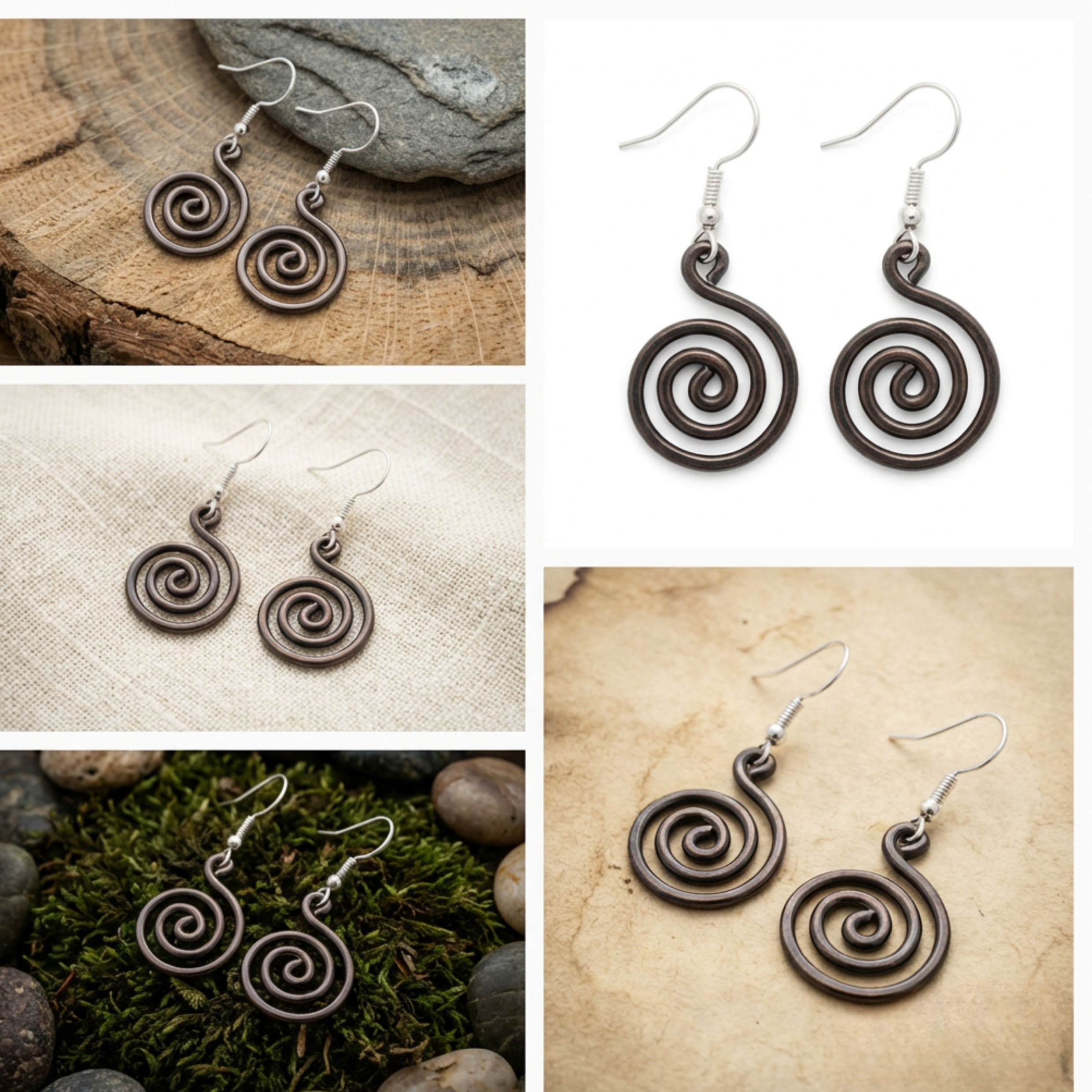 Open spiral copper earrings flat lay, handmade copper jewellery, gift for her UK