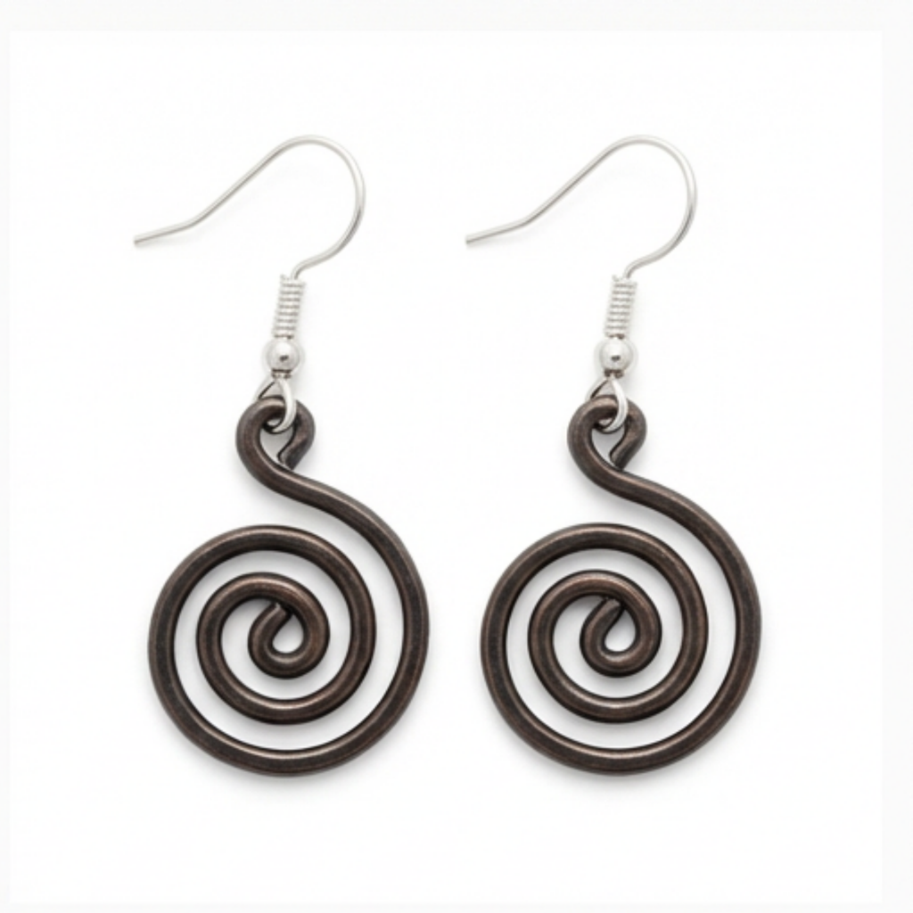 Open spiral copper earrings worn by model, rustic handmade jewellery UK