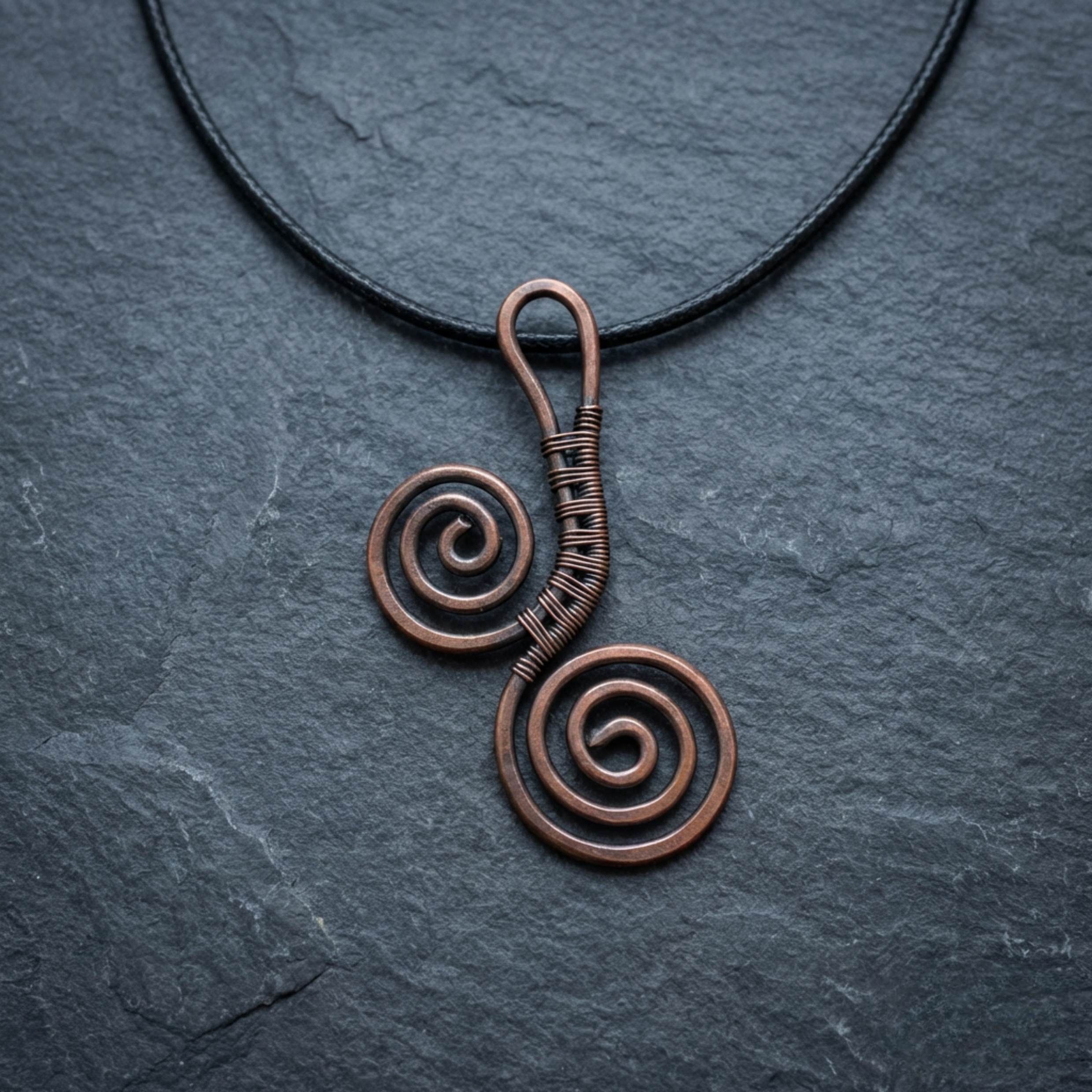 Copper spiral pendant on a black cord against a dark stone background