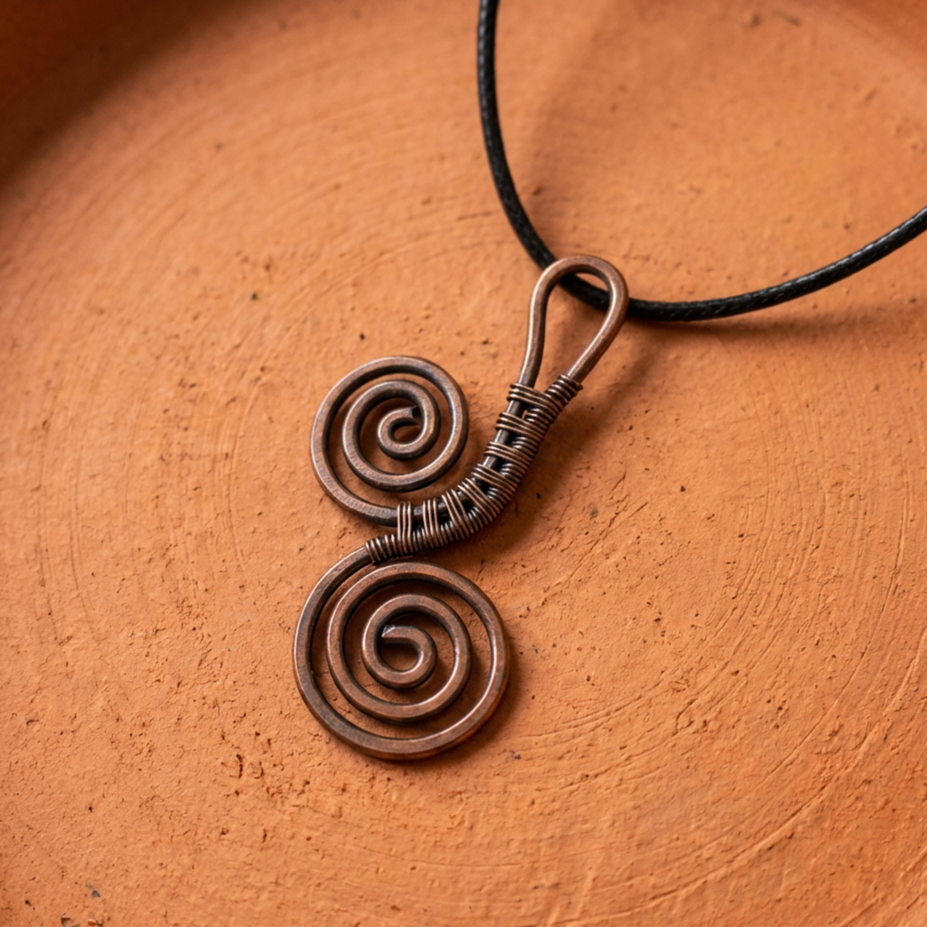 Copper spiral pendant necklace on a brown surface