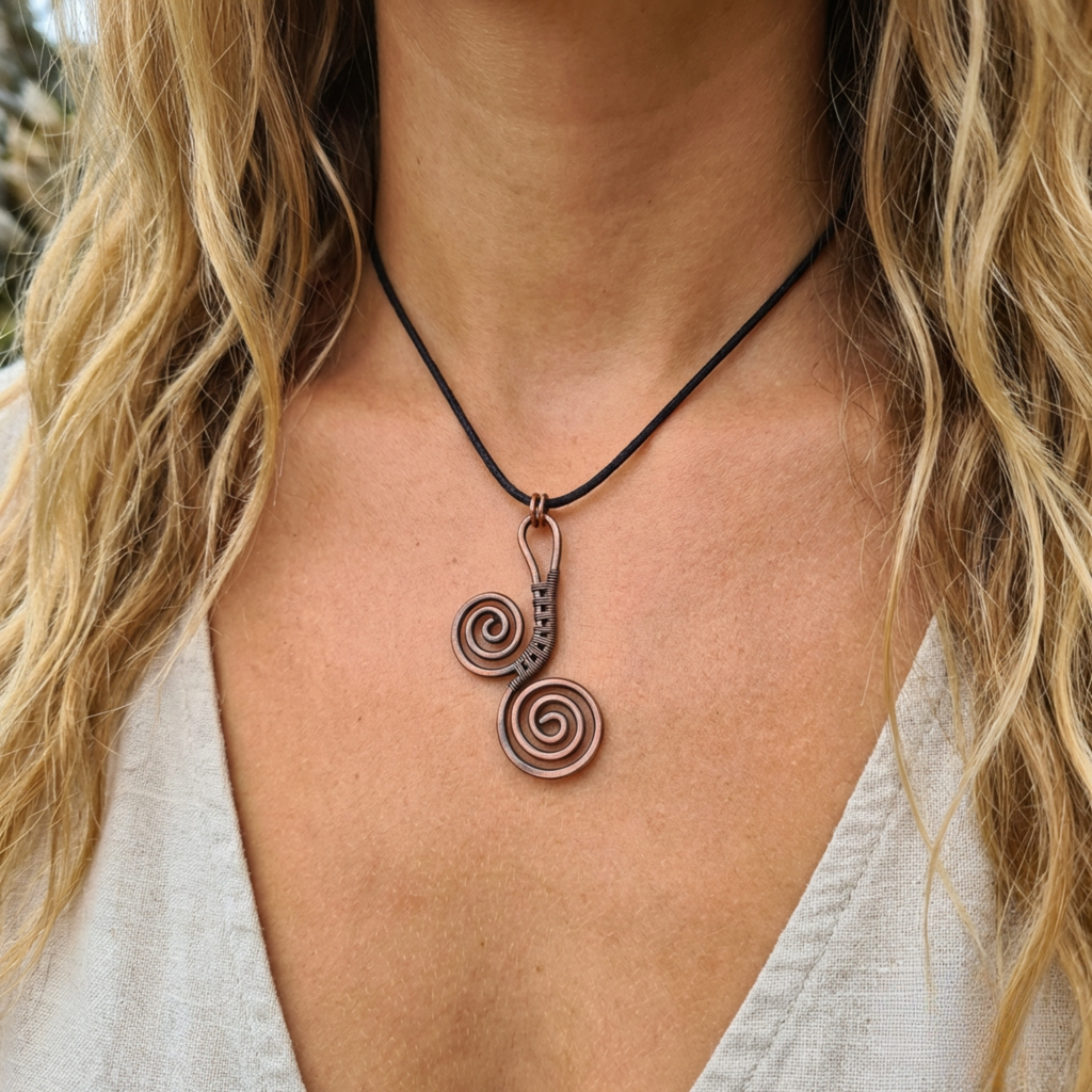 Close-up of a person wearing a necklace with a spiral pendant.