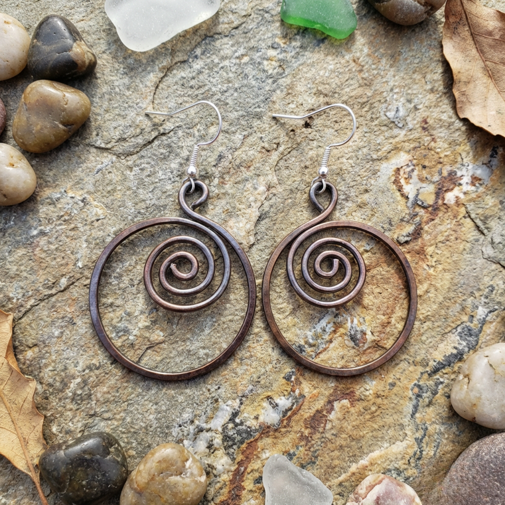Spiral hoop copper earrings on light wood background, handmade copper jewellery UK