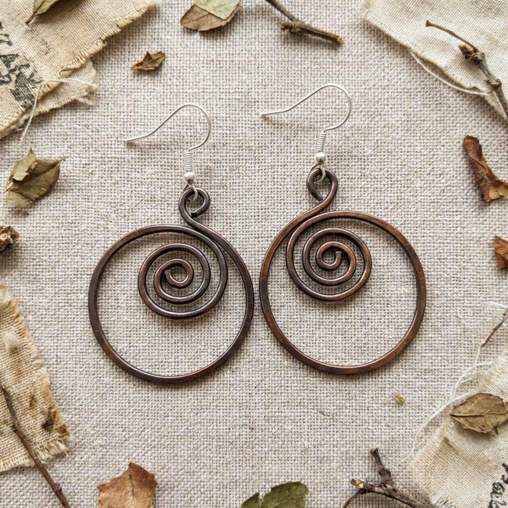 Spiral hoop copper earrings flat lay, handmade copper jewellery, gift for her UK