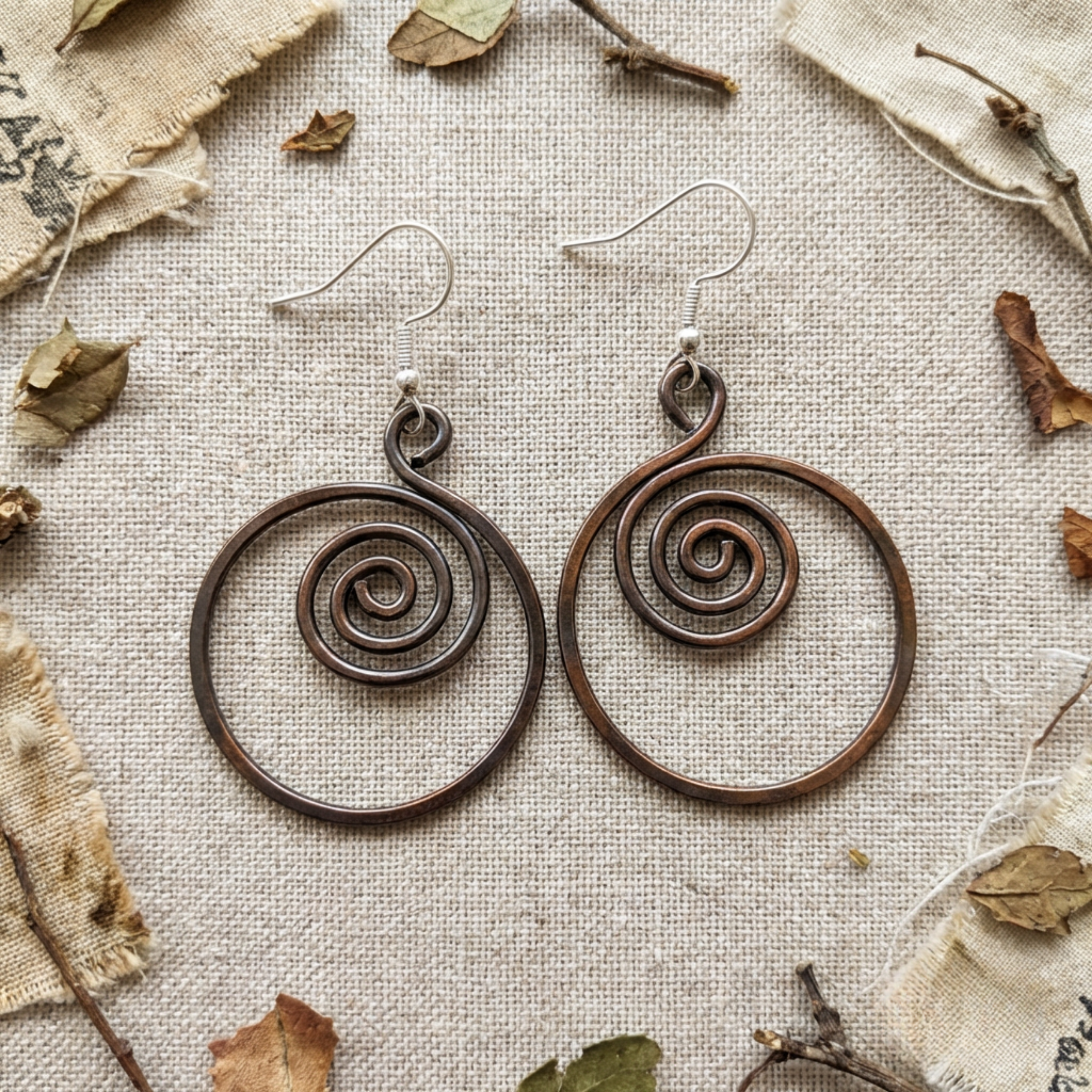 Spiral hoop copper earrings flat lay, handmade copper jewellery, gift for her UK