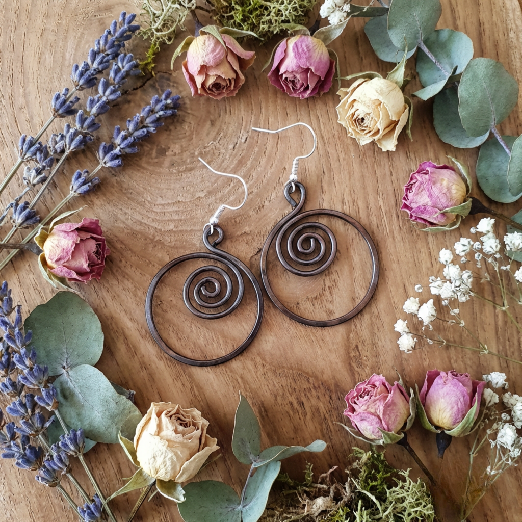 Spiral hoop copper earrings close-up detail, oxidised wire circle spiral design handmade UK
