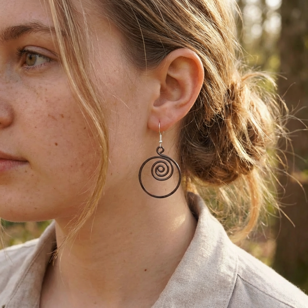 Spiral hoop copper earrings worn by model, rustic handmade jewellery UK