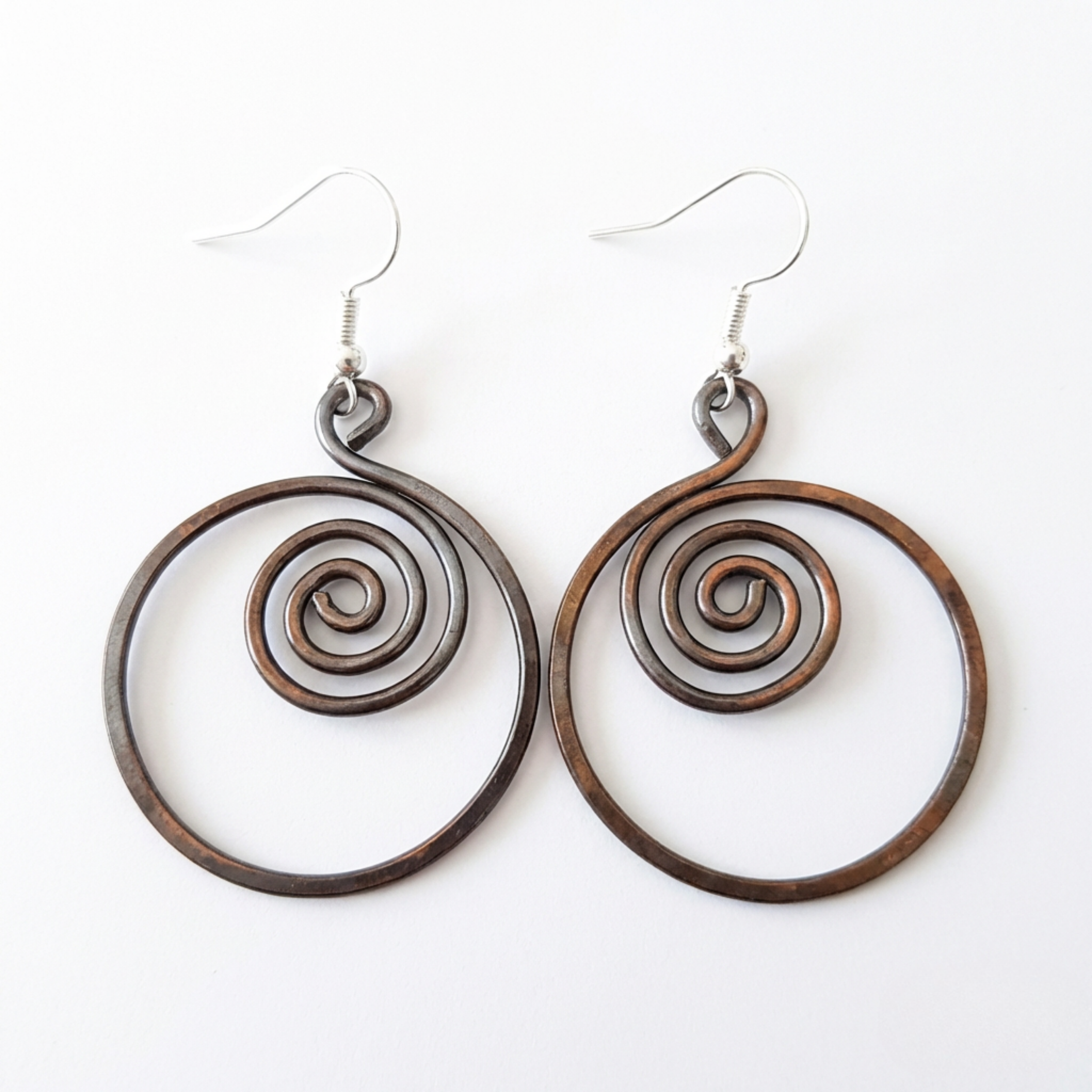 Spiral hoop copper earrings, full view, handmade boho hoop earrings, gift for her UK