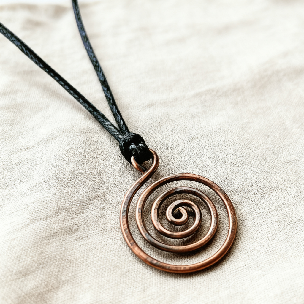 Copper spiral pendant on a black cord against a beige fabric background