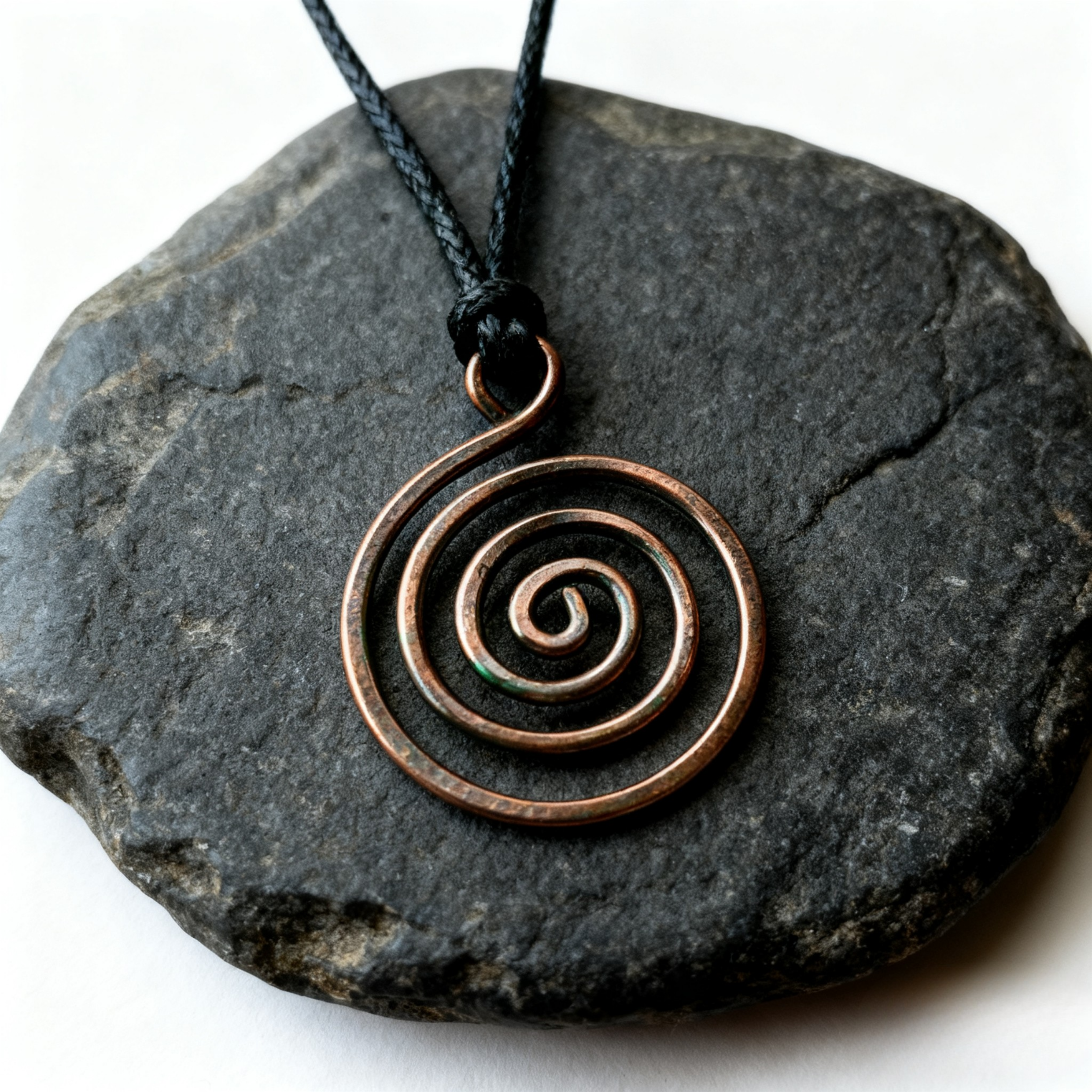 Copper spiral pendant on a black cord against a dark stone background