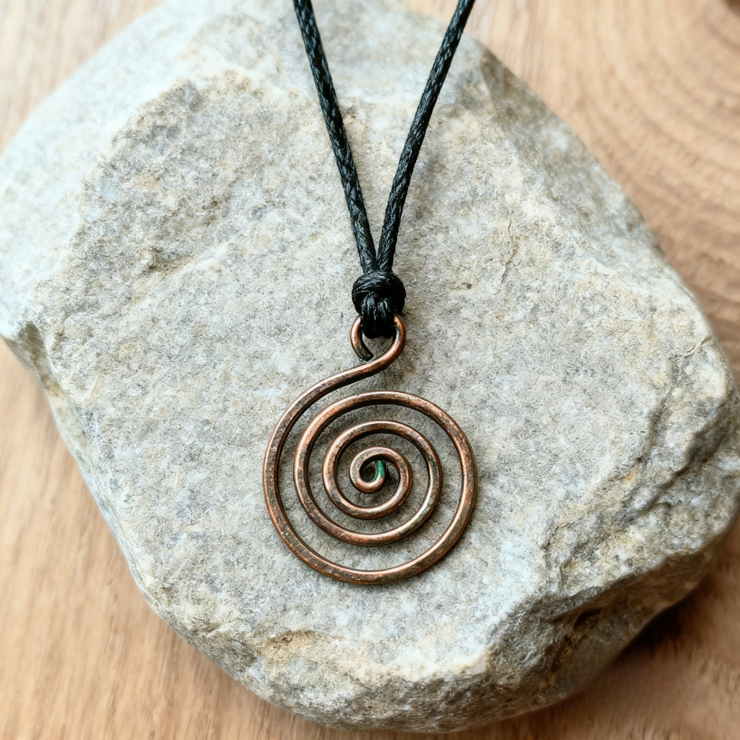 Copper spiral pendant on a black cord, resting on a stone surface