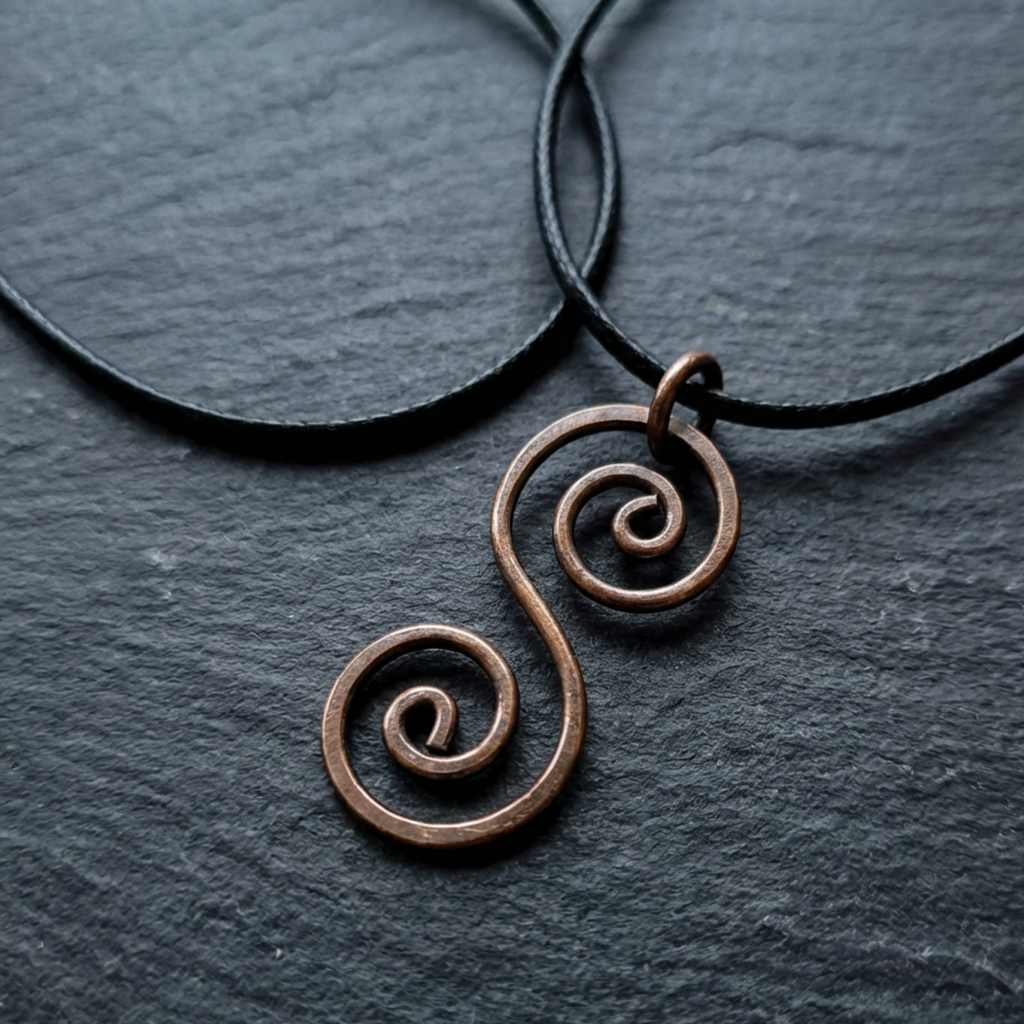 Copper spiral pendant on a black cord against a dark grey background