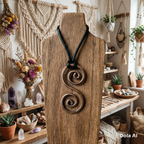 Copper spiral pendant on a wooden stand with a bohemian interior background