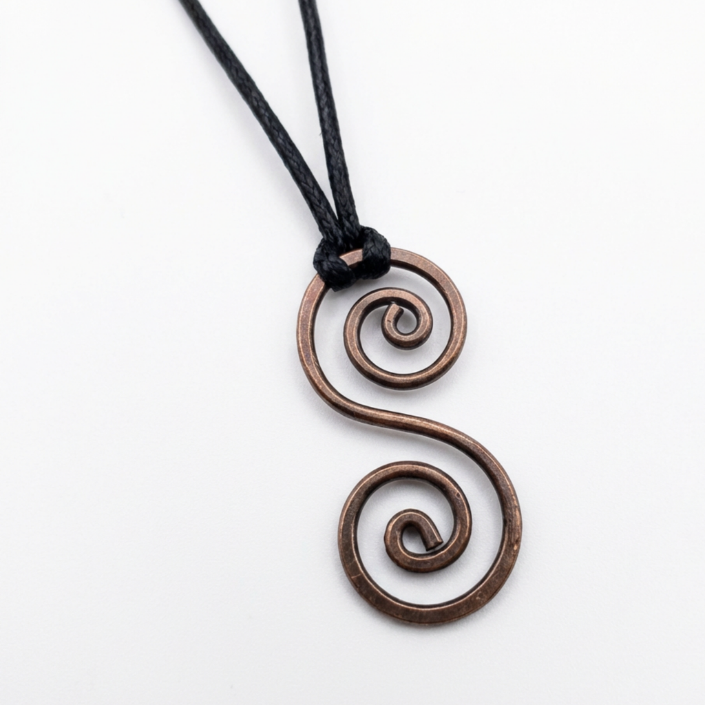 Copper spiral pendant on a black cord against a white background