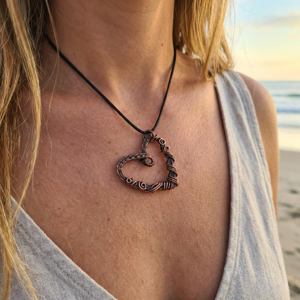 Person wearing a heart-shaped pendant necklace on a beach at sunset