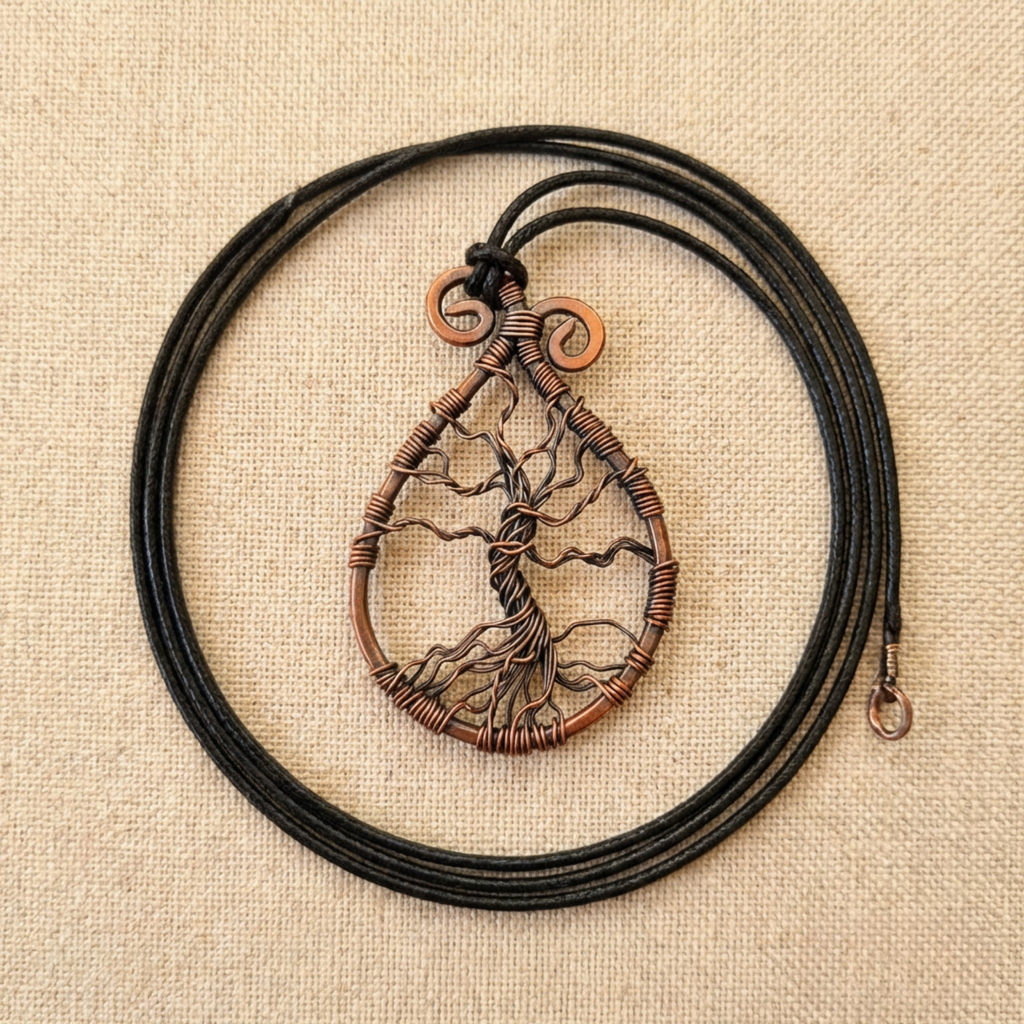 Copper tree of life pendant on a black cord against a beige fabric background